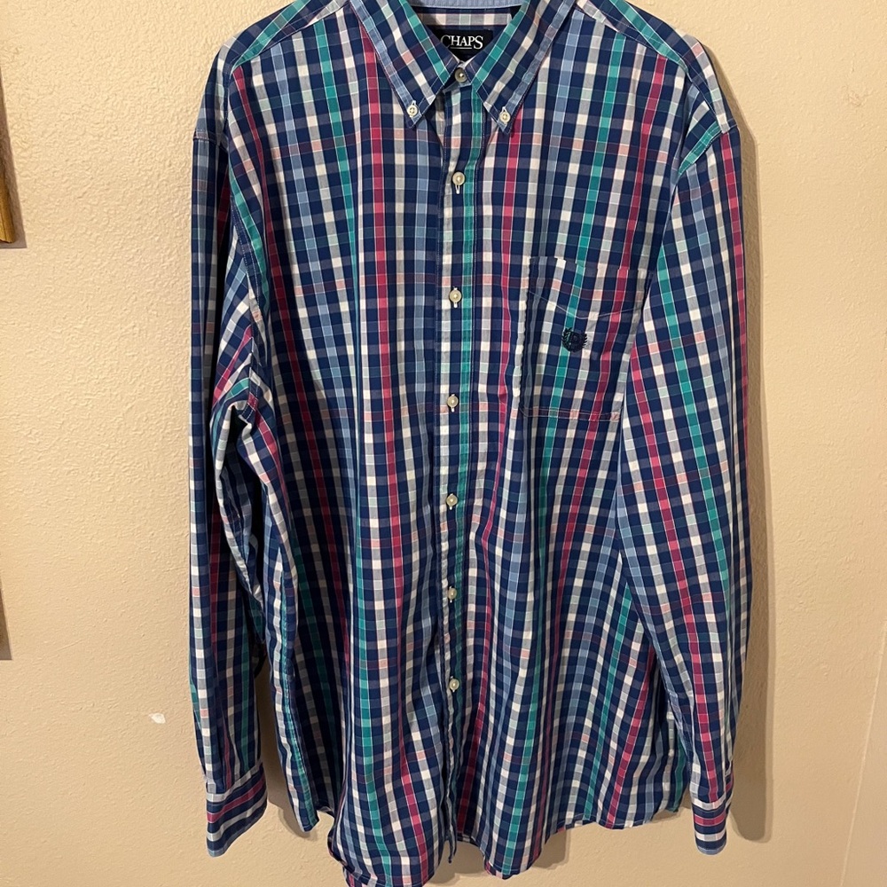 Chaps Stretch Easy Care Men's Blue and Pink Plaid Button Down Shirt 2XLT/2TGL